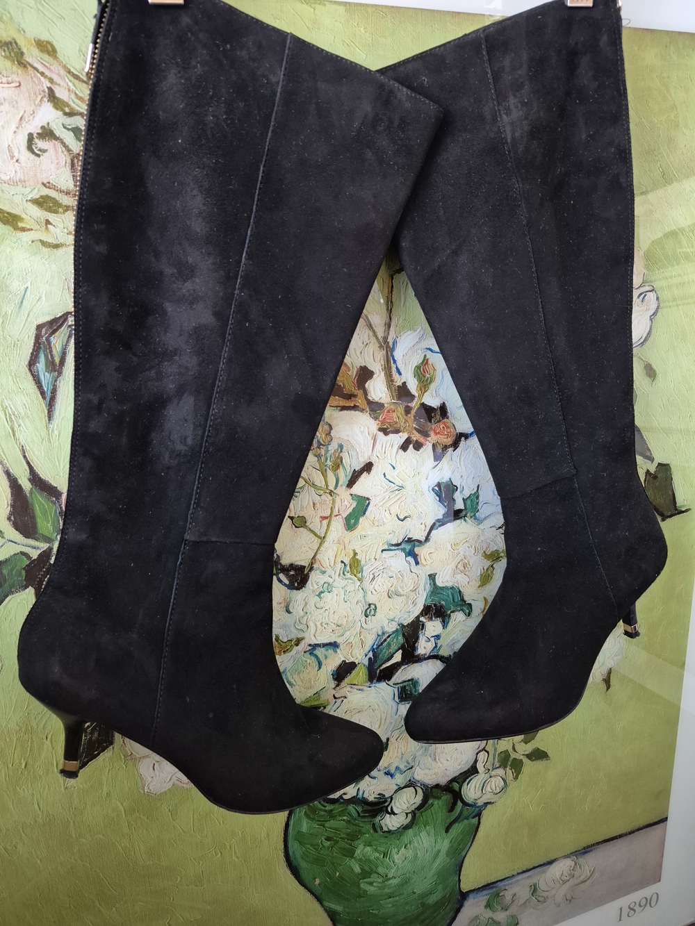 COACH 'Fayth' Black Suede Knee-High Kitten-Heel Boots With Gold Zipper Closure